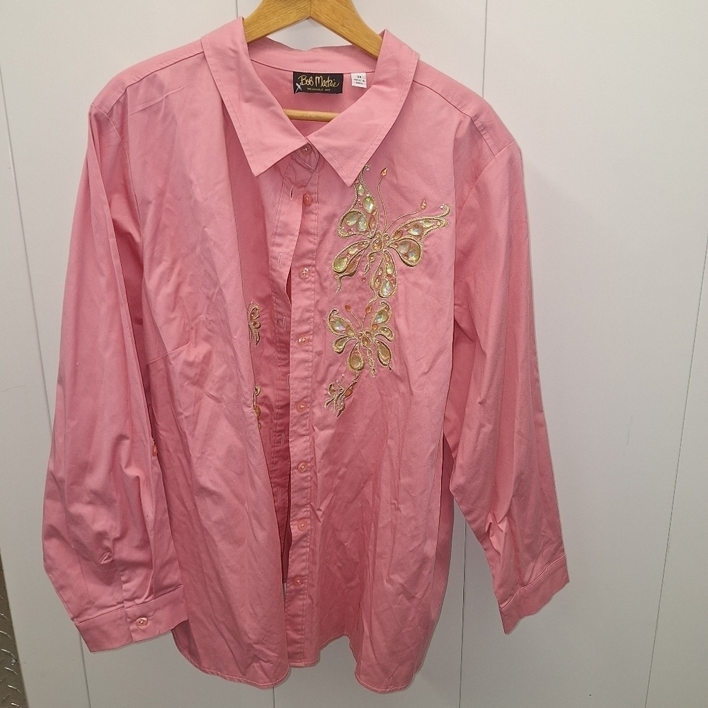 Bob Mackie Pink Butterfly Button Up Shirt 3X - Picture 2 of 8